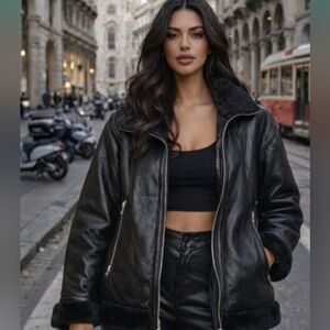 Topshop Tall Black Faux Leather Shearling Relaxed Aviator Bomber Jacket